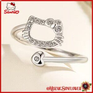 HELLO KITTY Girls Silver Semi Adjustable Ring Inlaid Crystals NWT